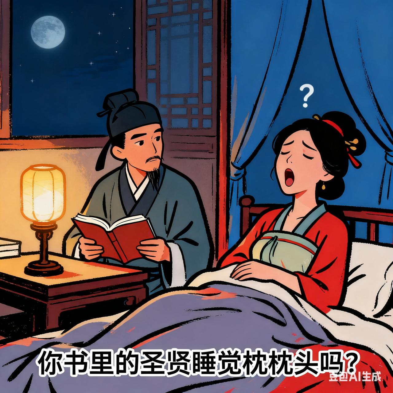 古代夫妻搞笑段子夜已深，书生仍在灯下翻书，妻子打哈欠铺床：“你书里的圣贤睡觉
