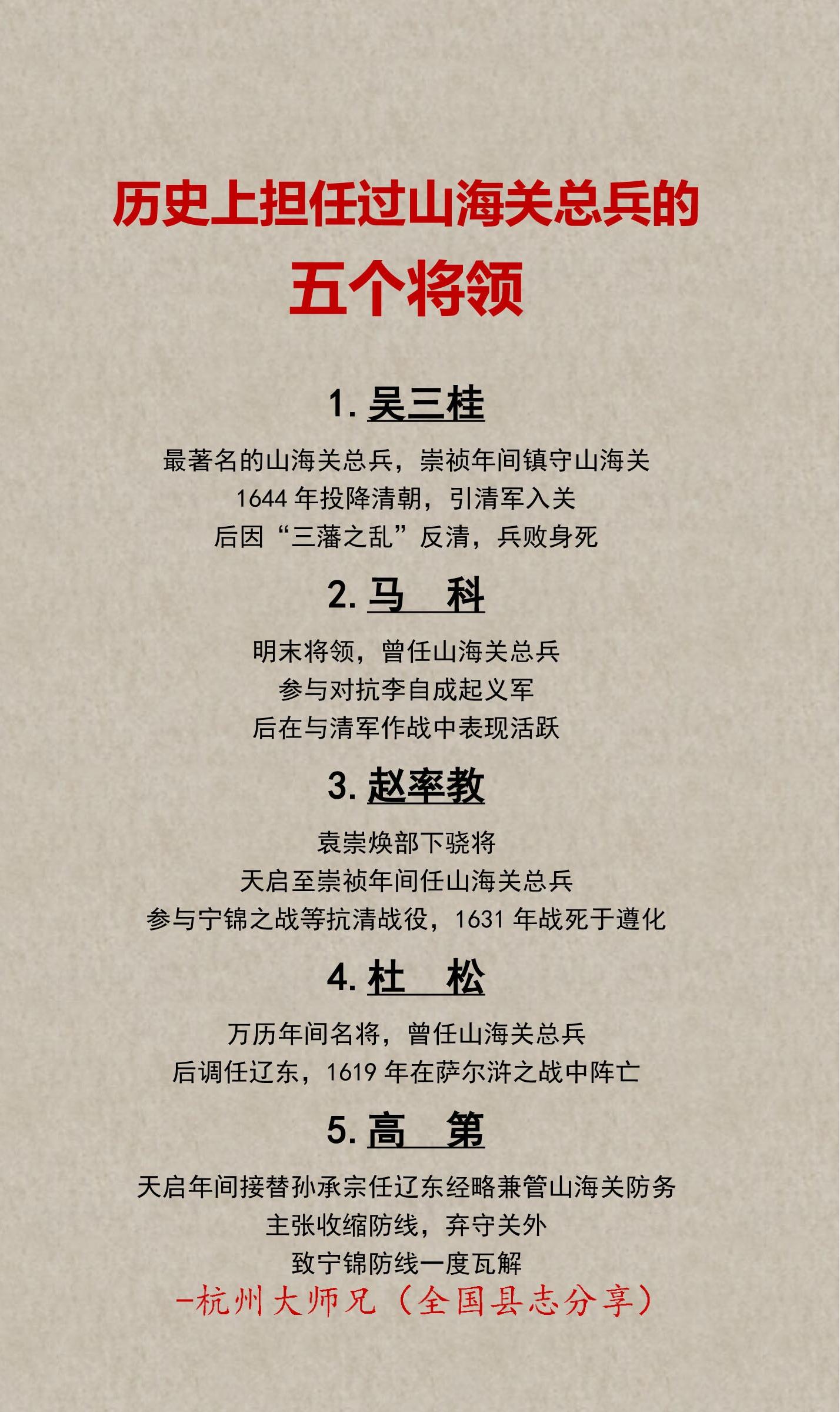 历史上担任过山海关总兵的五个将领