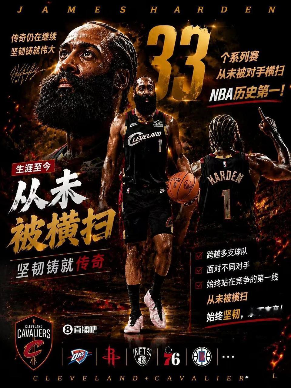 哈登还剩最后一个记录，33次季后赛没有被横扫过，这是历史第一。明天尼克斯3-
