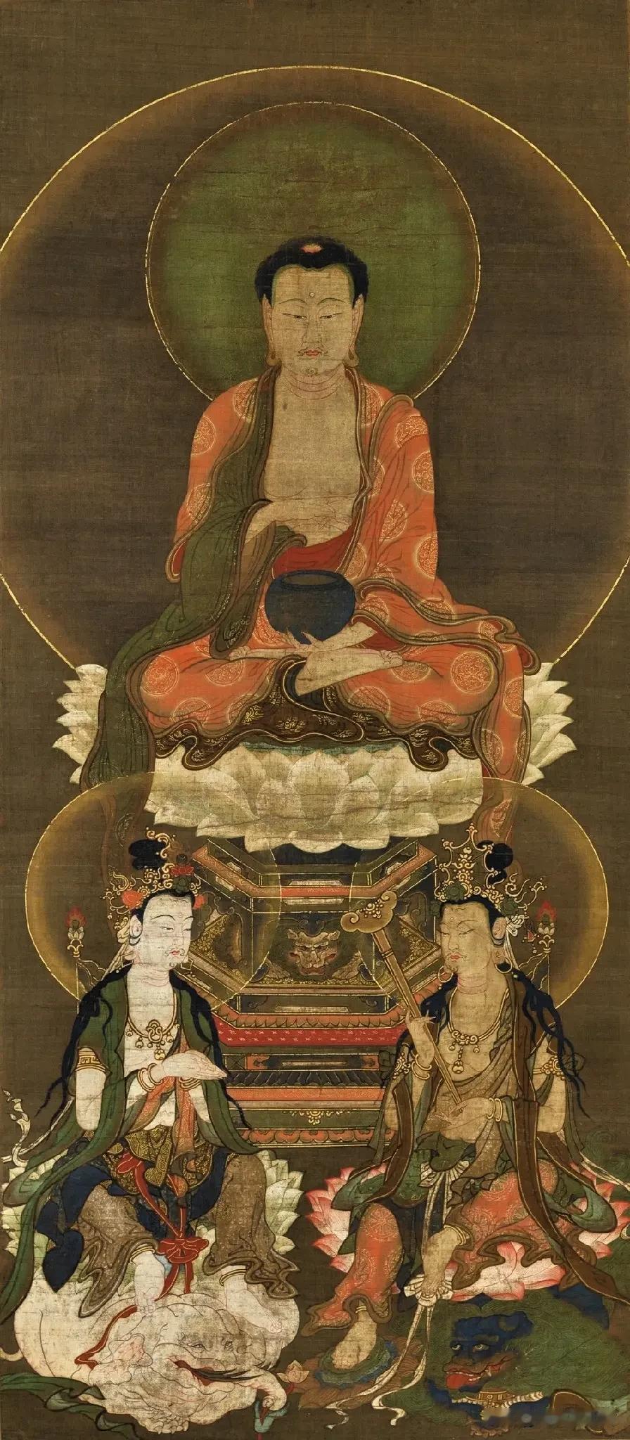 宋元古佛画｜华严三圣这幅绢本古画为华严三圣。正中主尊是毗卢遮那佛（大日如来）