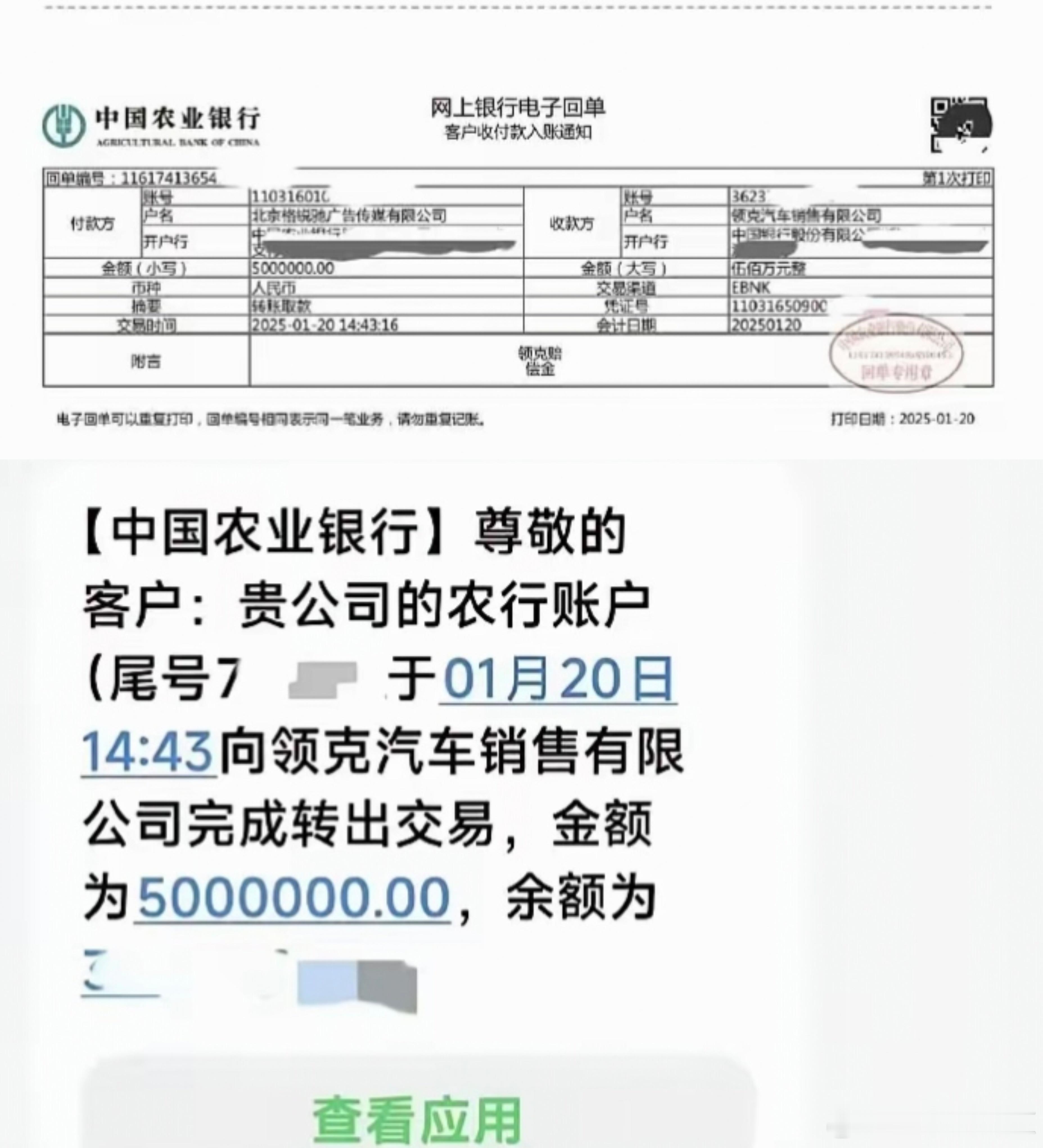 陈震老师向领克汽车转了500万元人民币，作为领克新车视频“抢跑”的赔偿。虽然超过