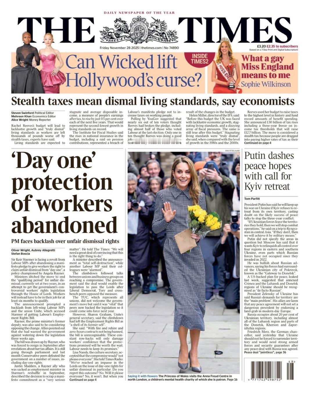 《泰晤士报》在头版报道，俄罗斯总统普京昨天在到访吉尔吉斯斯坦时表示，如果乌克兰拒