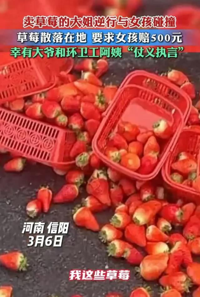 信阳，卖草莓的大姐逆行与女孩相撞，草莓散落一地，她要求女孩赔偿500元，女孩说：