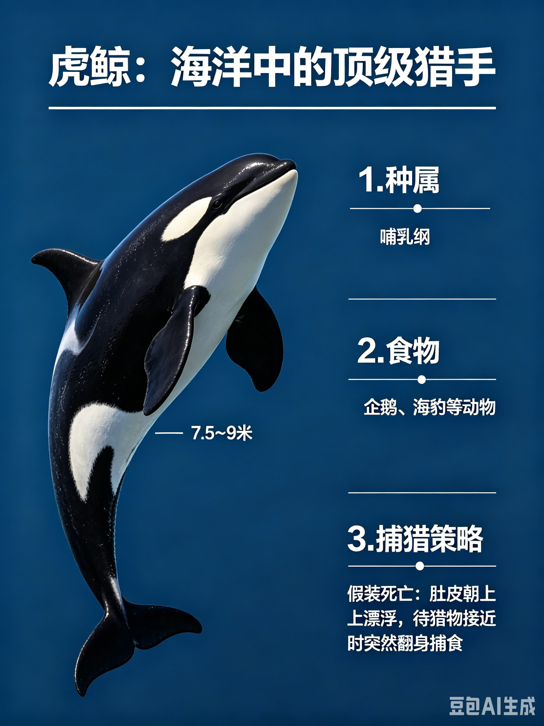 海洋朋友圈虎鲸海洋档案种　属：哺乳纲体　长：7.5～9米食　物：企鹅、海豹等动