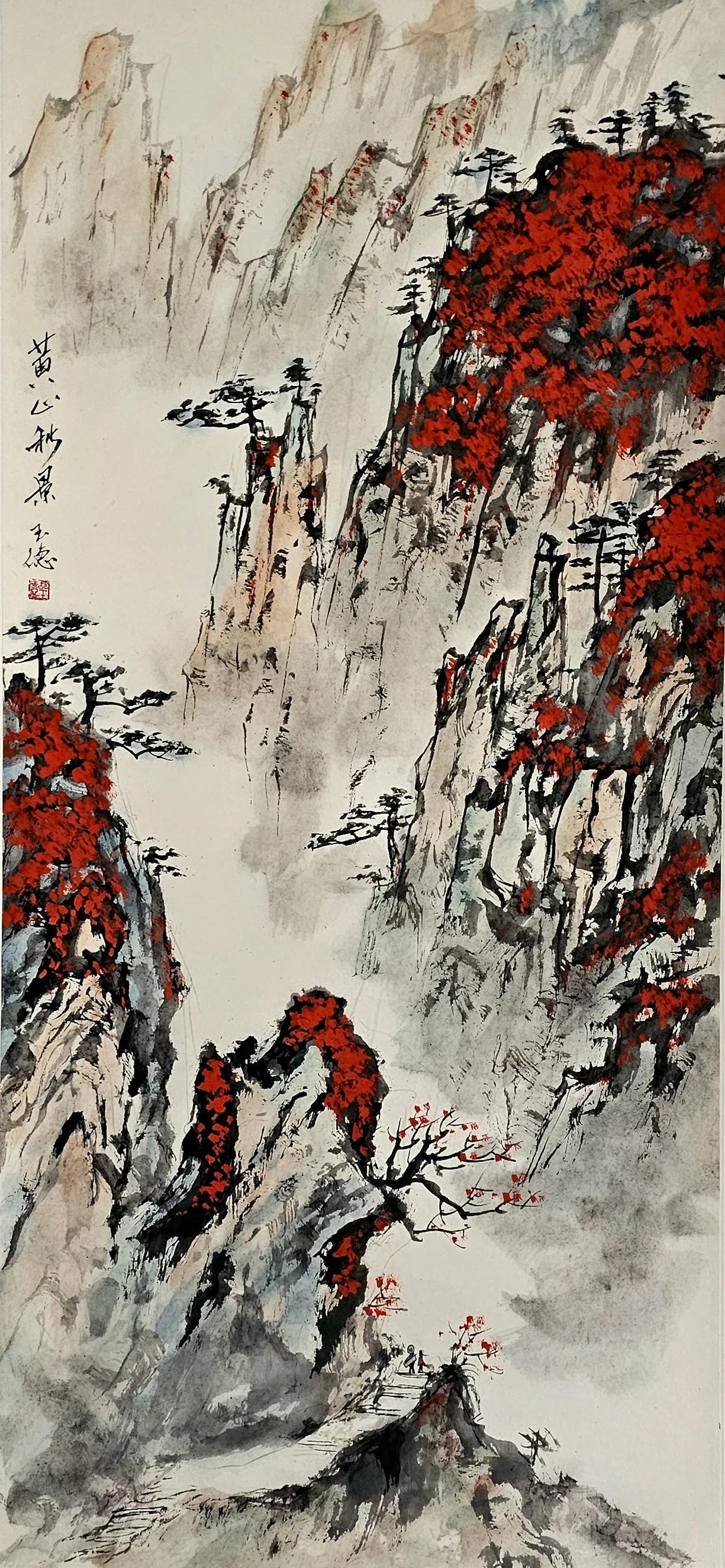 《碧涧流红叶，青林点白云》国画小青绿作品