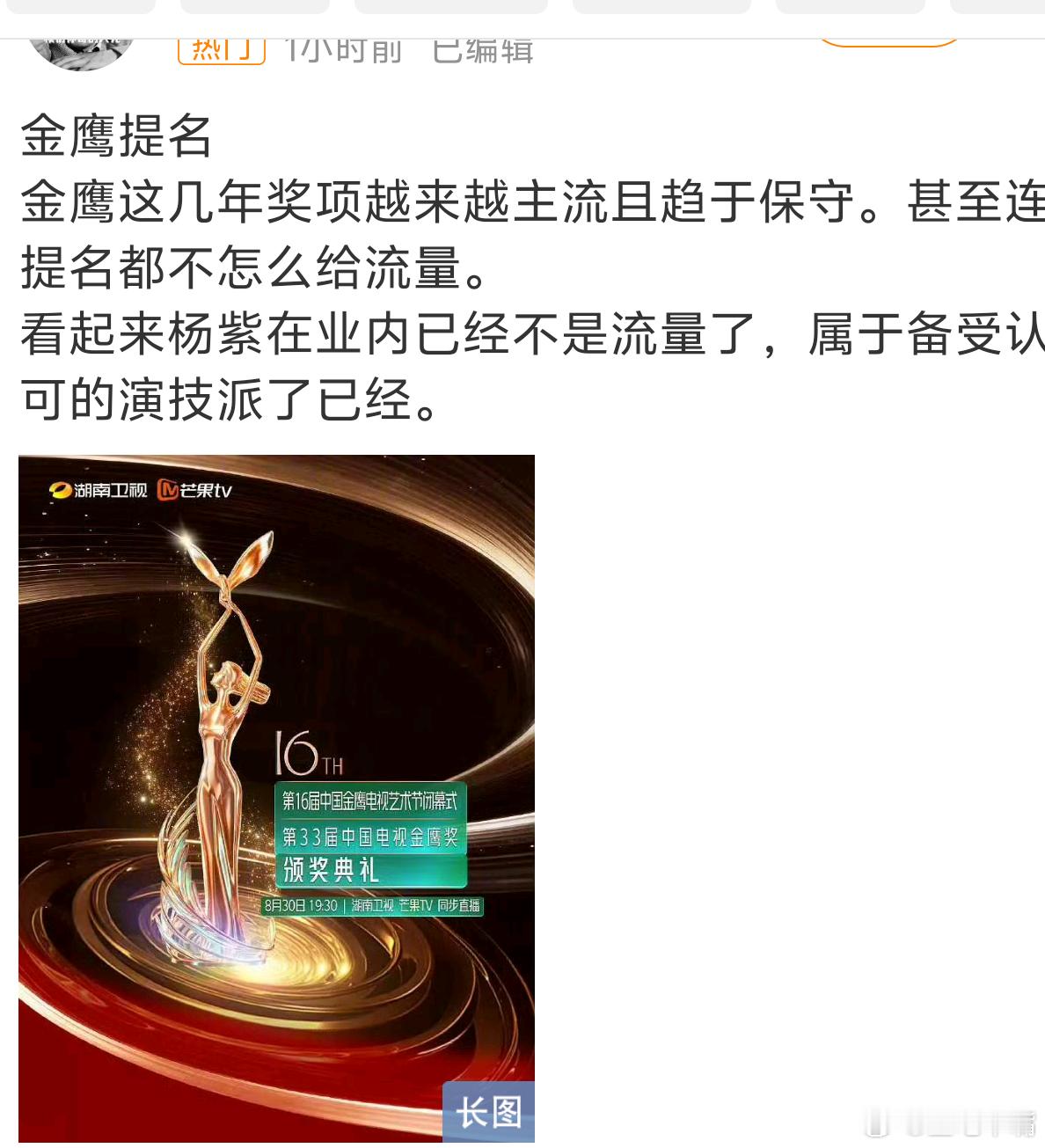 金鹰奖提名名单看了金鹰奖最佳女主角提名名单，杨紫去流量成功，已跻身实力派，和其他