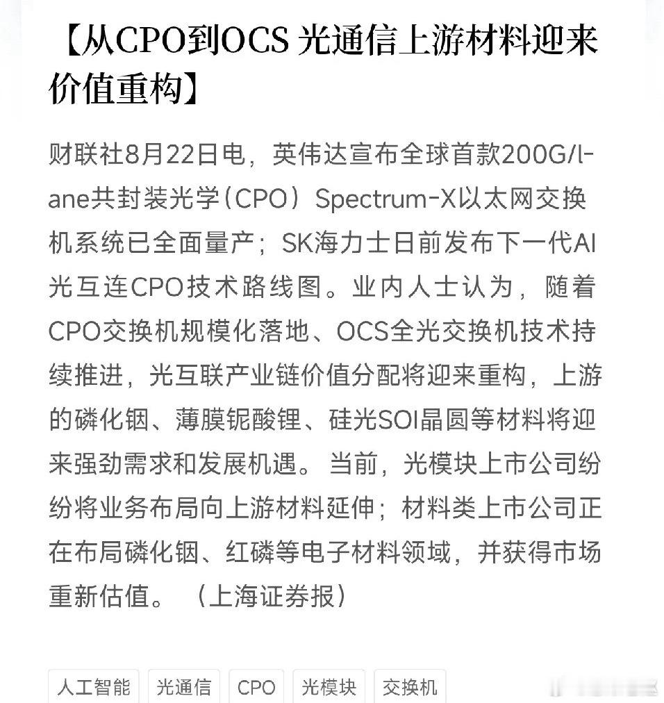 CPO彻底变天！AI光互连红利，从下游模块转向上游材料最近市场风向彻底变了，不再单纯轮动AI芯片、大