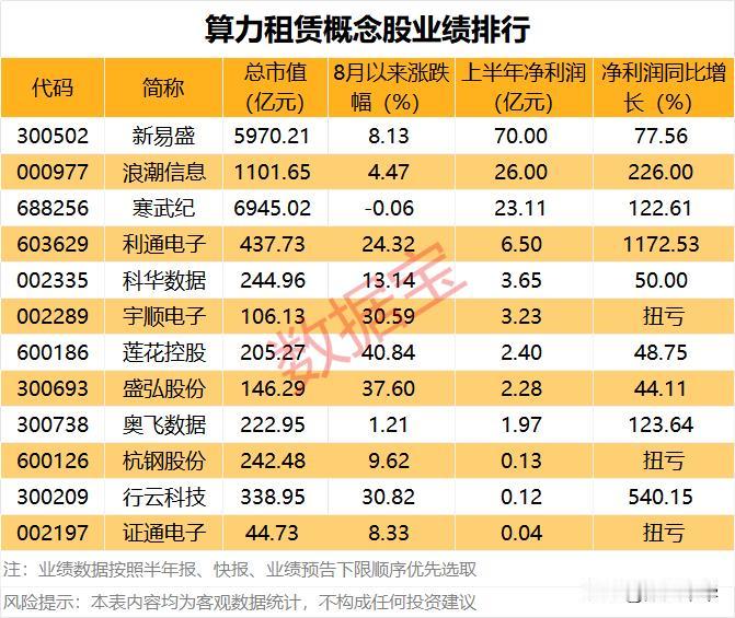算力租赁概念股业绩排行！