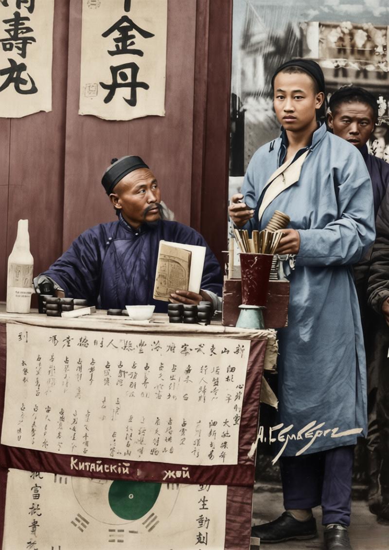 这张照片由俄裔摄影师拍摄于清末的北京街头，照片右下角的签名和俄文标注“КИТАЙ