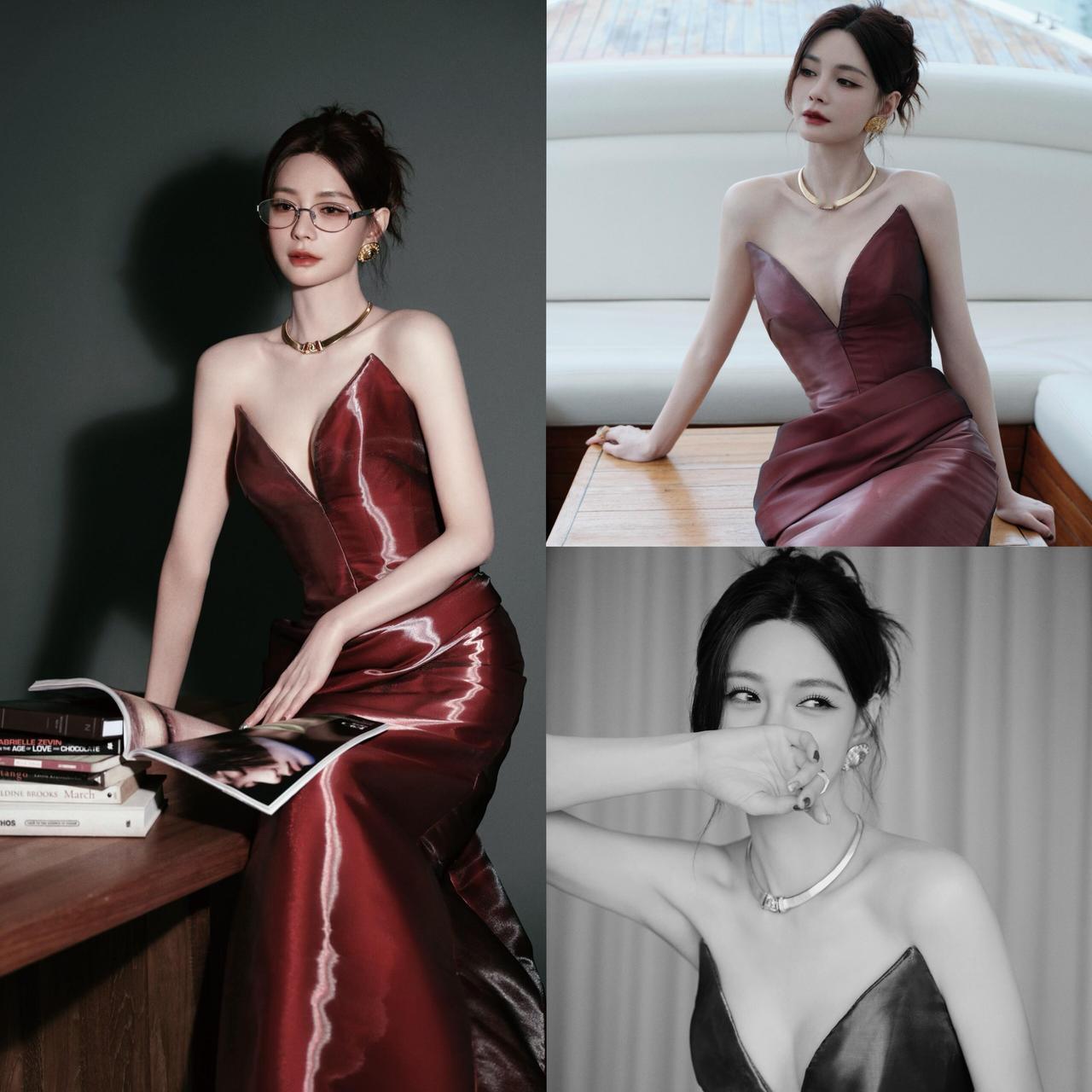沈梦辰这是偷偷开了时尚外挂吗？那身酒红礼服简直美到犯规白到发光的皮肤配上