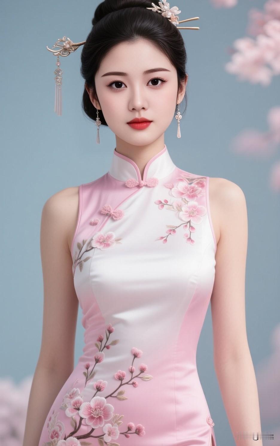 温柔古典，粉白相间的旗袍，尽显东方韵味