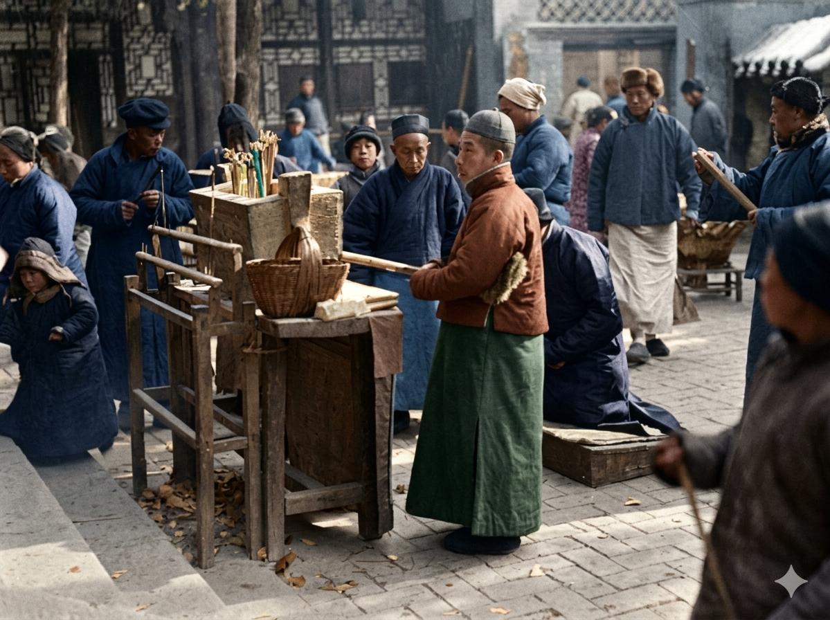 百年老北京庙会集市，青砖铺就地面，古建临街绵延，正中是临街露天木制香火小摊，老式