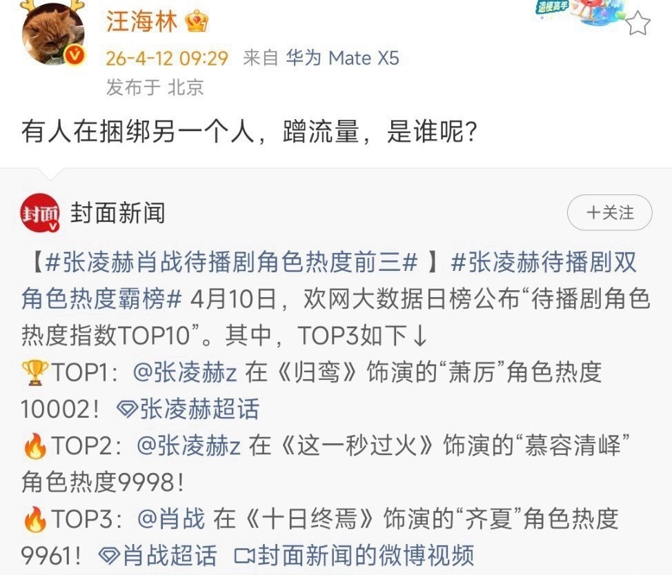 汪海林说有人捆绑蹭流量昨天蹭商业价值最高的，今天蹭新捧的顶流…一天天蹭不停，除了