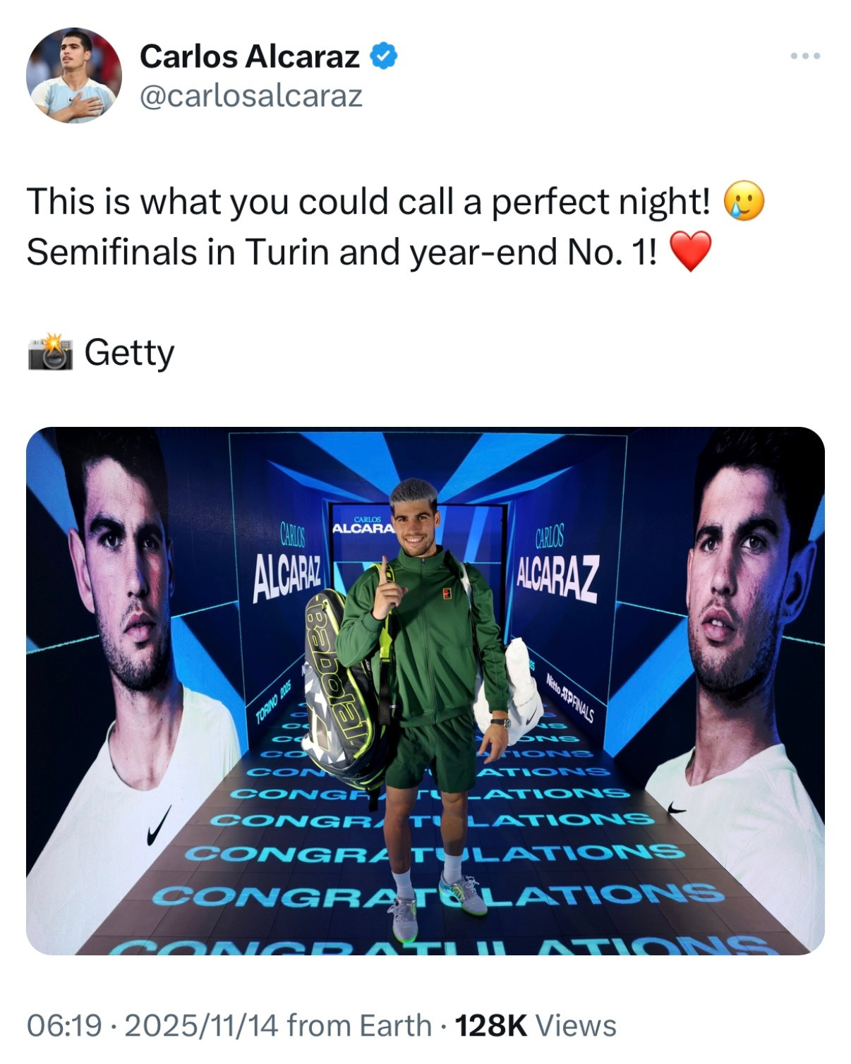 总决赛小组出线晋级四强+提前锁定ATP年终第一，阿尔卡拉斯在社媒发文庆祝在都灵的