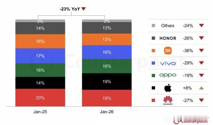1月份排名前六的手机厂商依次是：华为19%、苹果19%、OPPO16%、viv