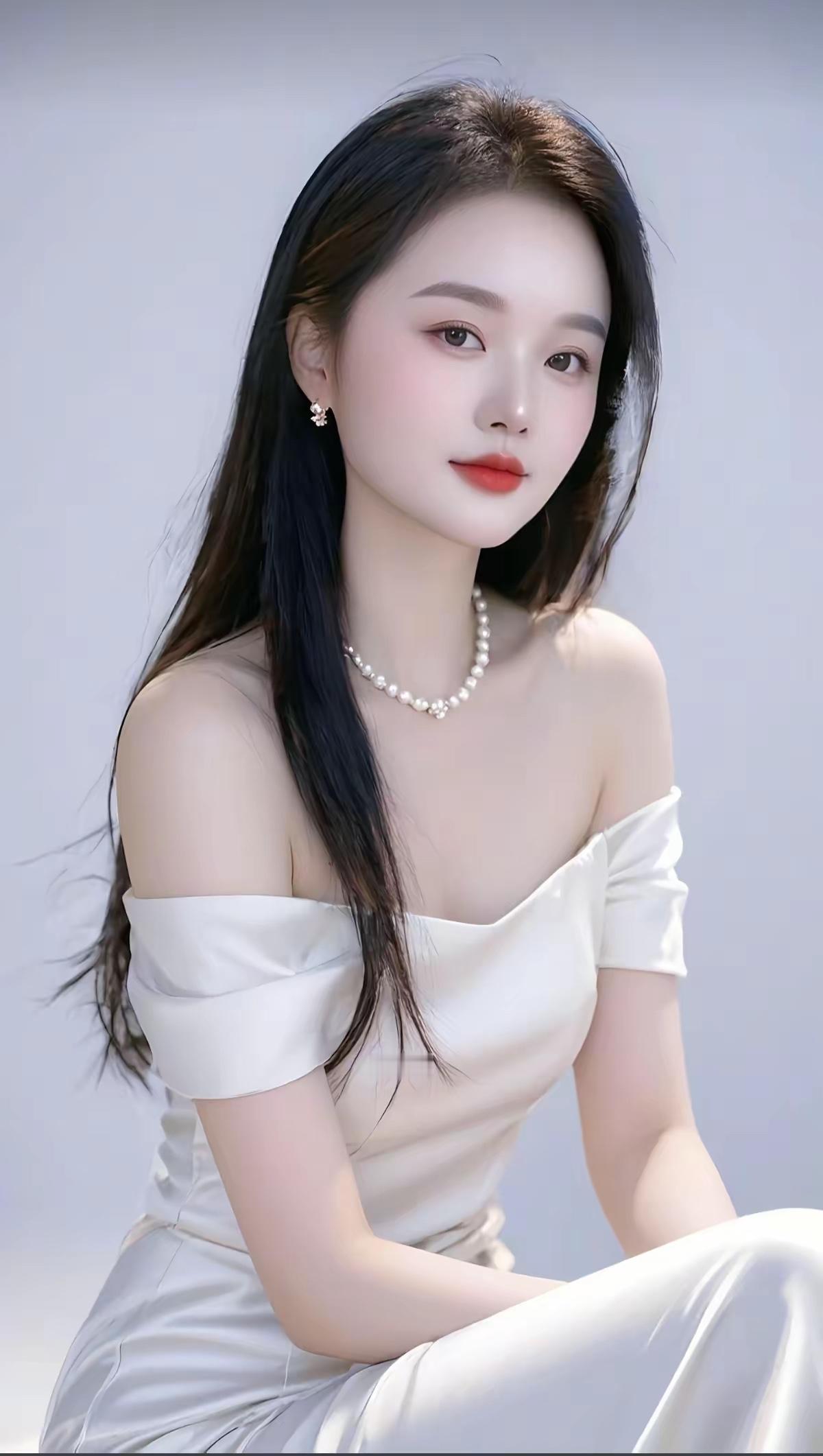 优雅白裙少女，珍珠项链点缀，温柔动人。