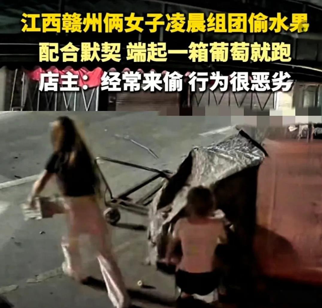近日，江西赣州发生一起超无语的事儿。监控拍到两名女子偷水果，一个穿碎花裙的直接抱