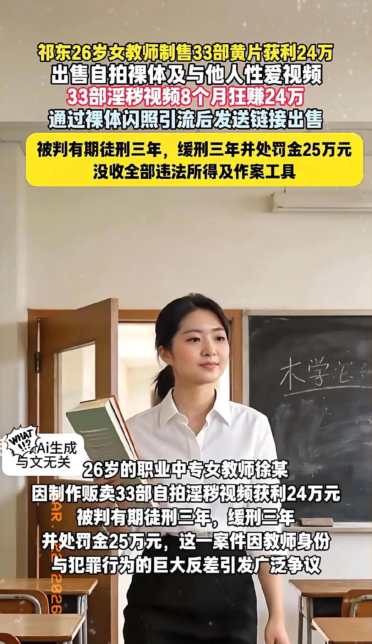 真没见过这么赚钱的！一个28岁的女老师，竟然靠拍自己的不雅视频牟利，狂赚24万
