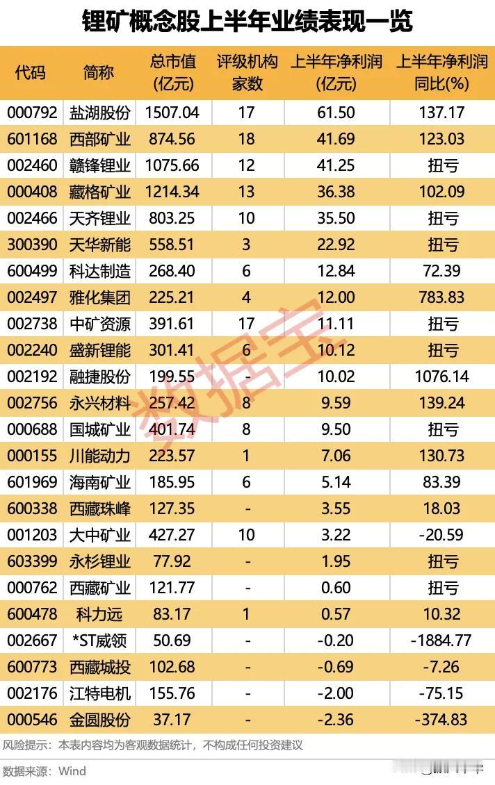 锂矿概念股上半年业绩表现一览！