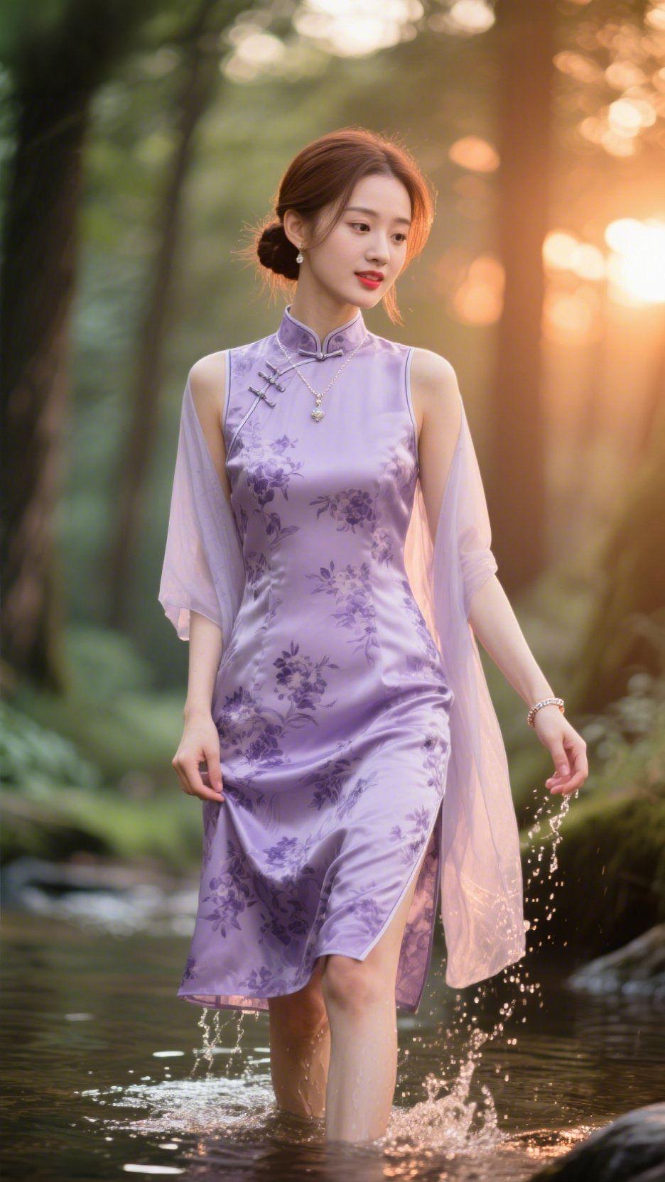 晚风拂紫衫晚风轻绕林梢，鎏金的霞光漫洒溪涧，一袭紫韵旗袍衬着草木清宁，步履