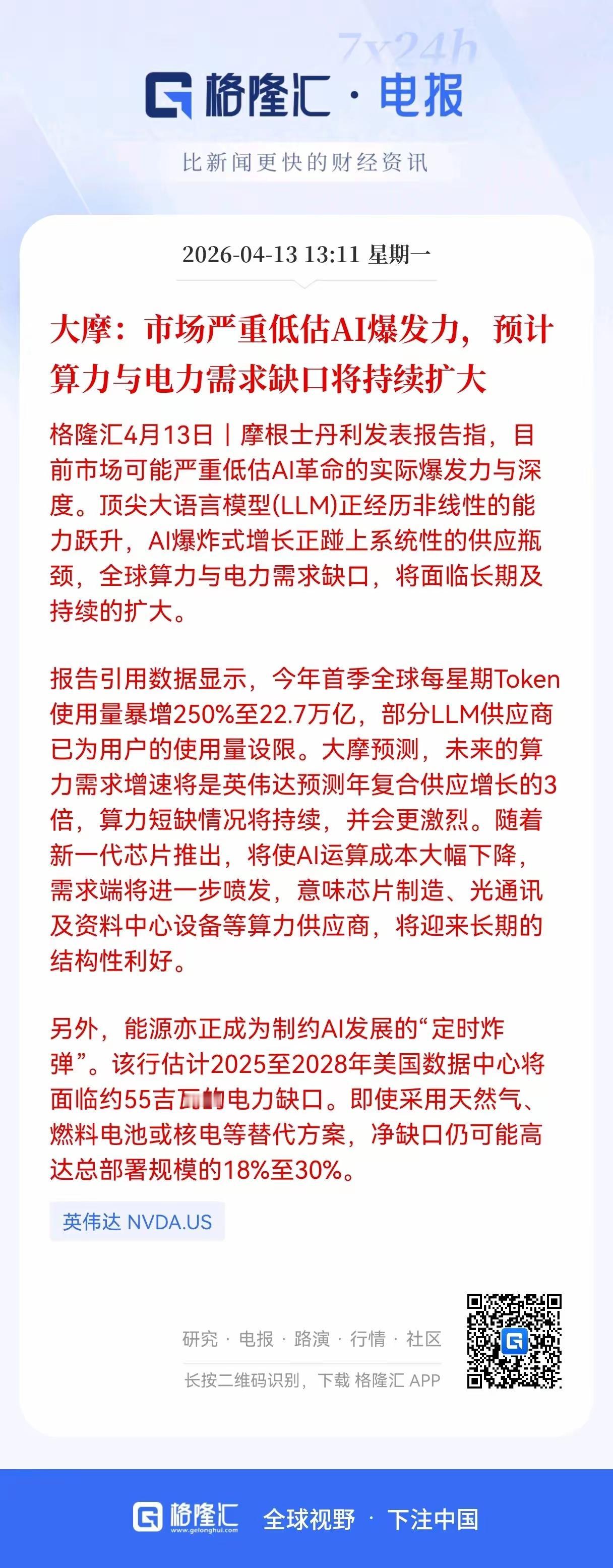 市场严重低估了AI人工智能的爆发力，预计接下来的算力与电力的需求缺口将持续扩大，