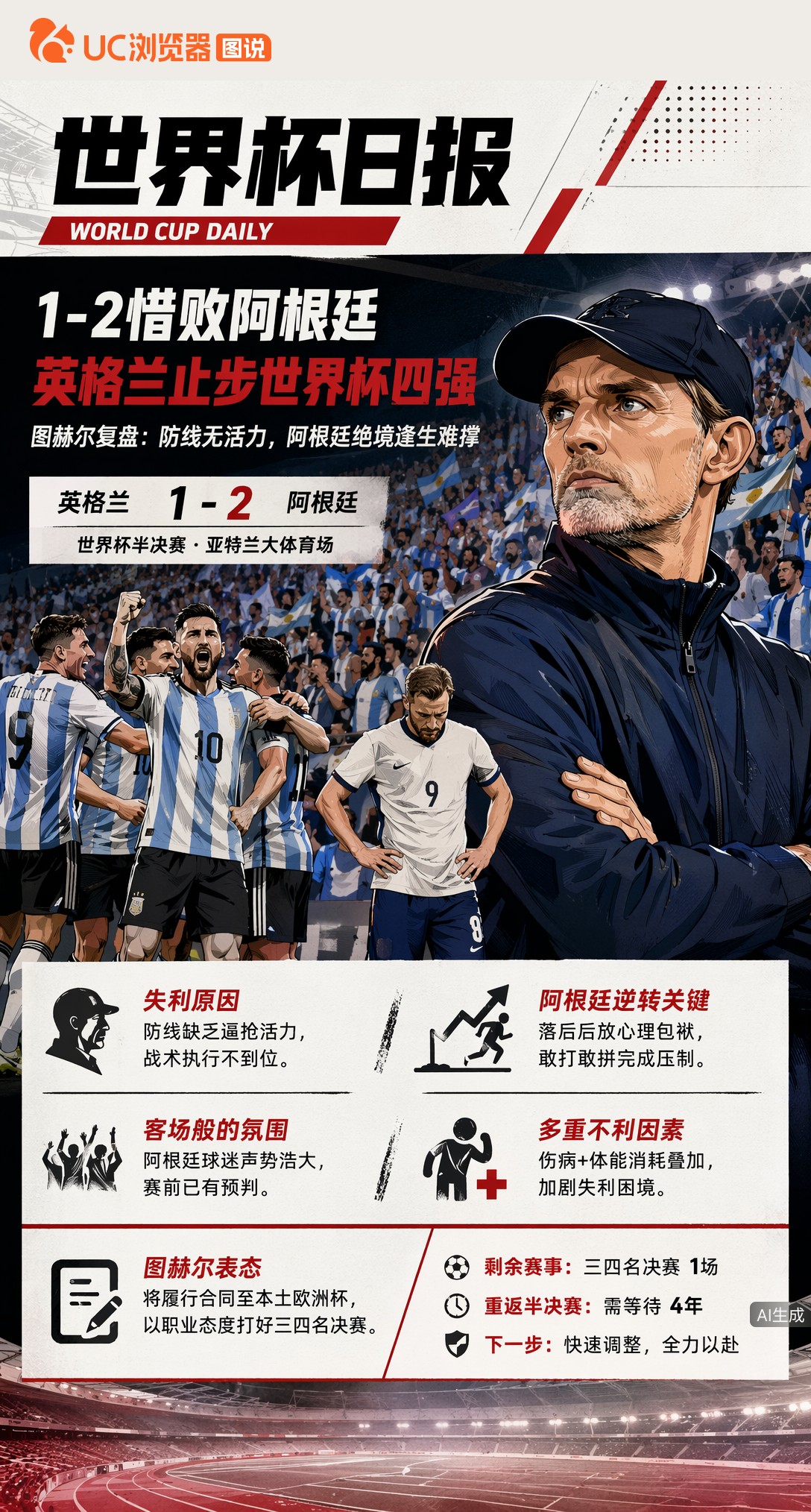 图赫尔复盘英格兰半决赛出局：防线无活力，阿根廷绝境逢生难撑