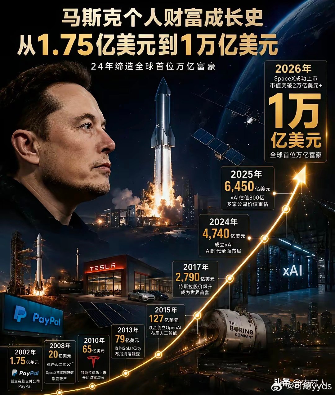 马斯克身价突破1万亿美元，相当于6.3万亿人民币。全球83亿人家，平均每人能分到759元。即便他一年