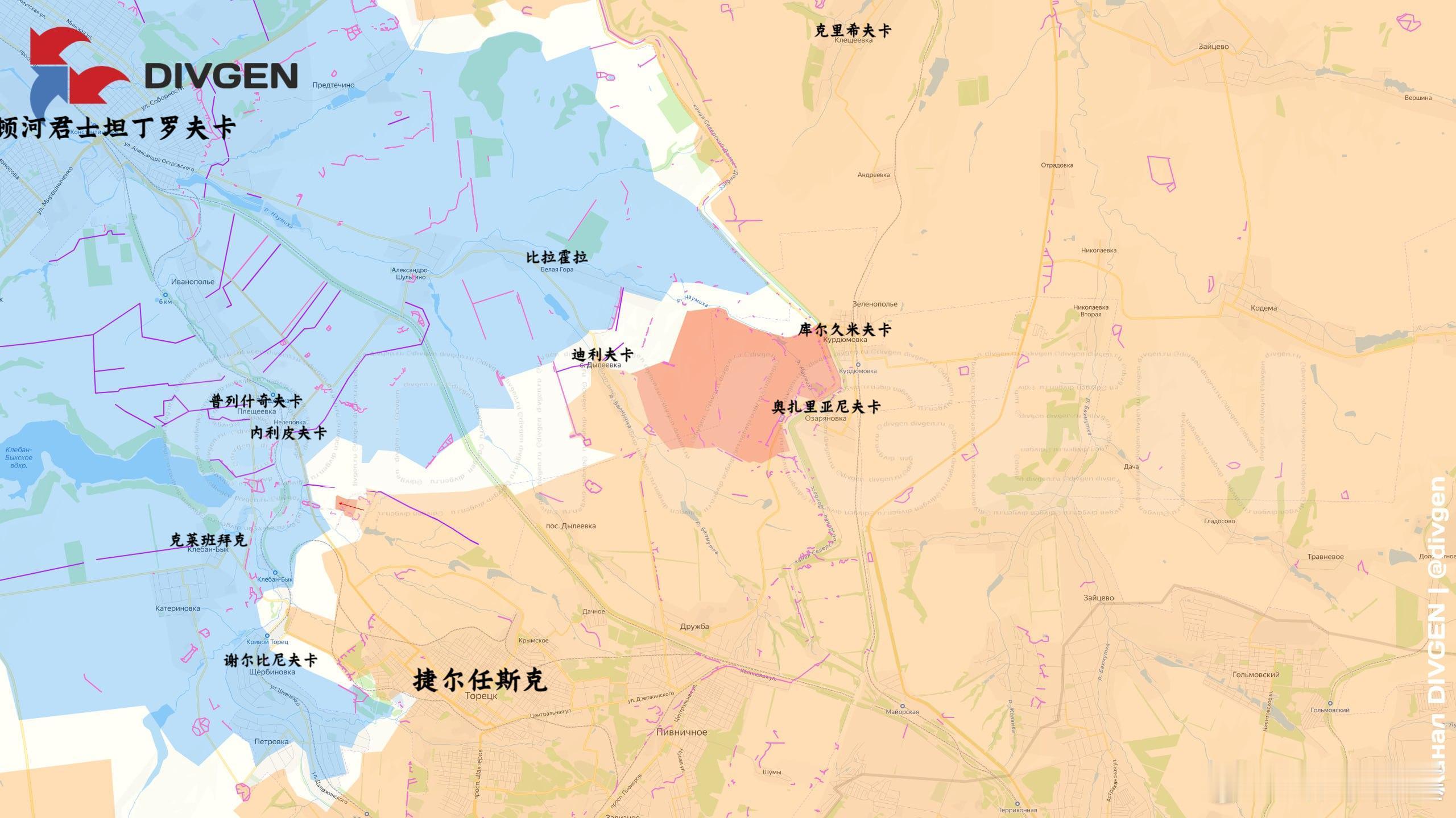 俄军在捷尔任斯克周边继续推进来源：DIVGEN🚩КартаСВО、Kal