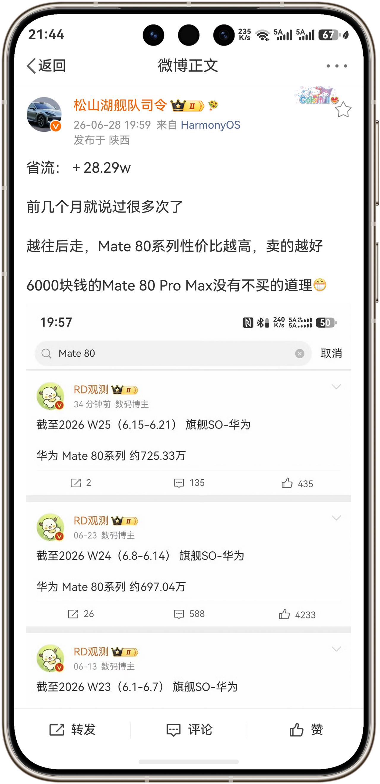 好消息！华为Mate80系列突破725.33万台！省流：新增28.29w台，之