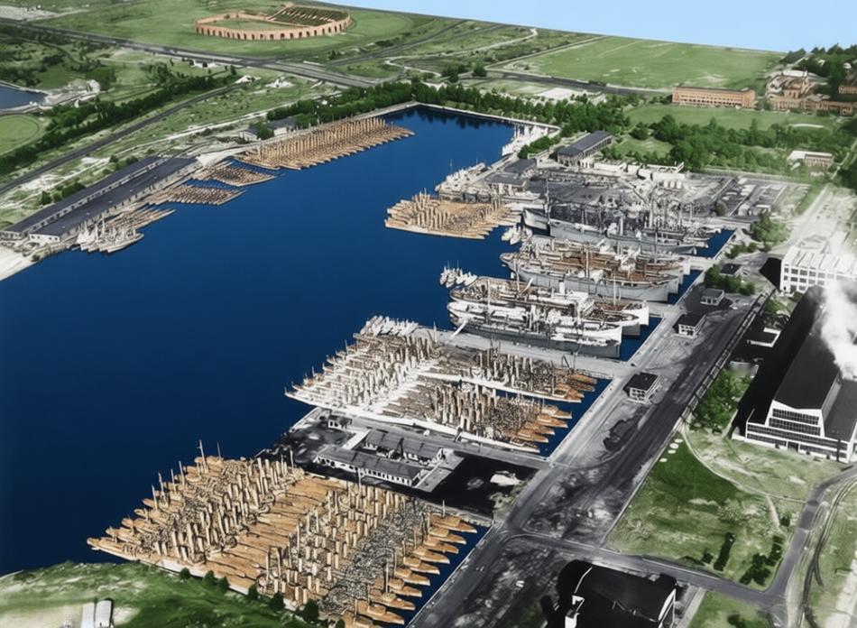 这是一张极具视觉冲击力的航拍照片，定格了二战期间美国军港的巅峰时刻，堪称“民主兵