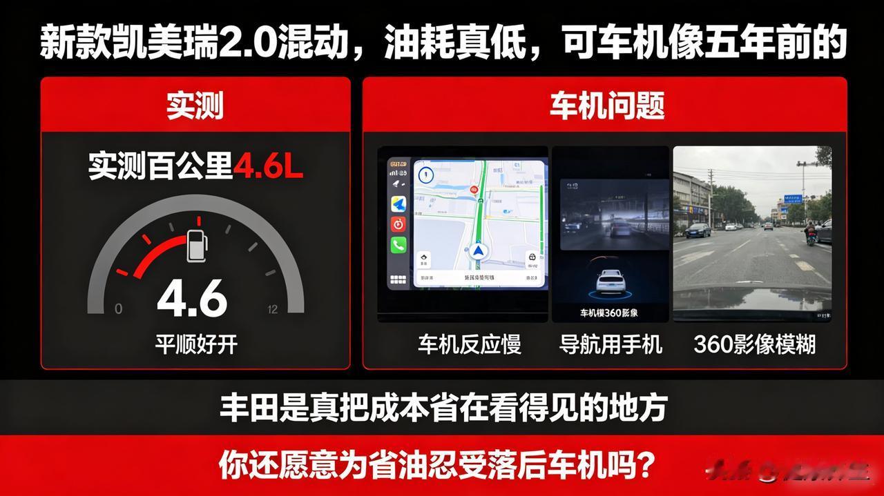 新款凯美瑞2.0混动，油耗真低，可车机像五年前的实测百公里4.6L，平顺好开