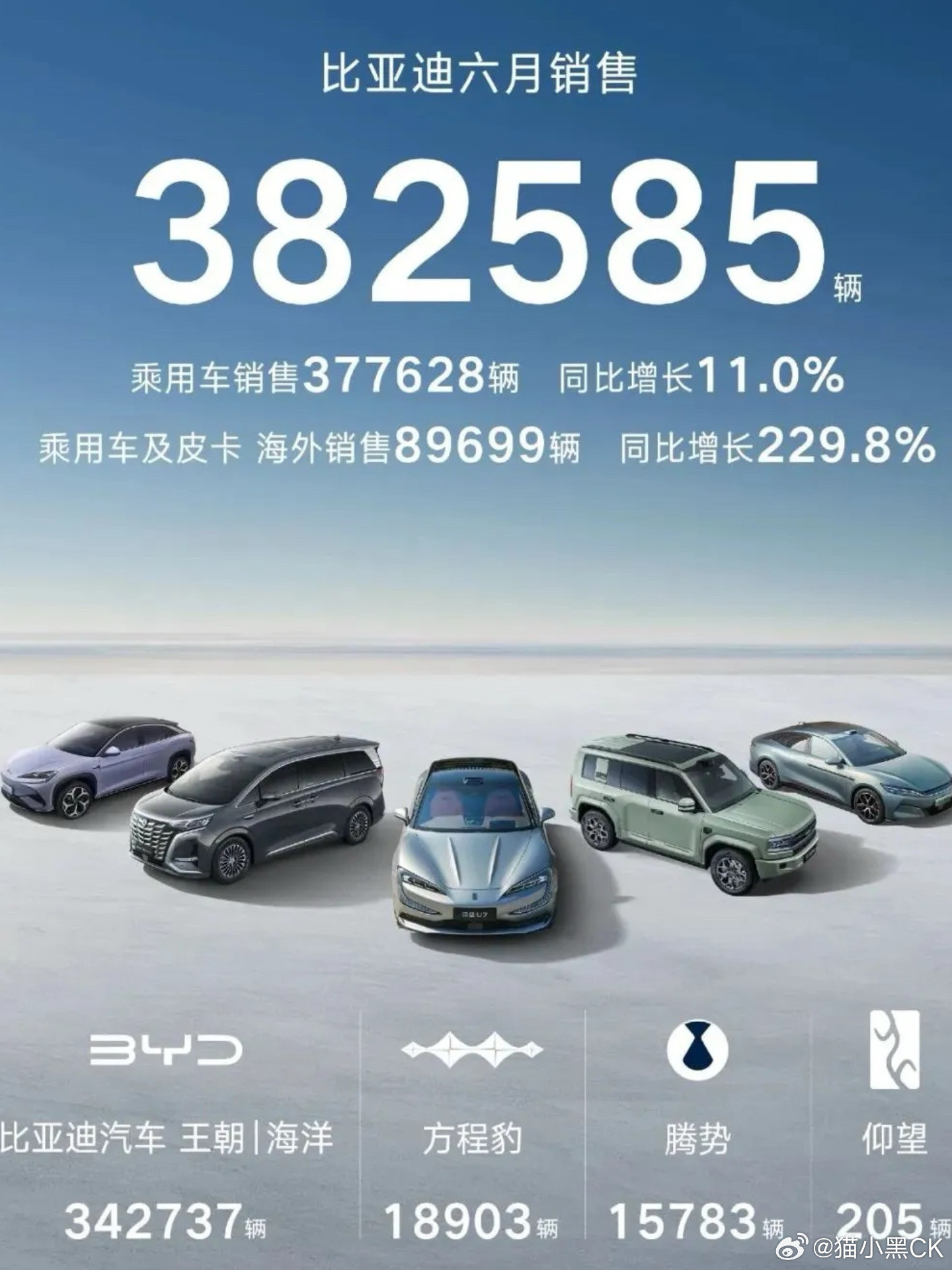 新能源汽车5月最新销量排行公布。数据显示，比亚迪以38.3万辆稳居榜首，已连续6