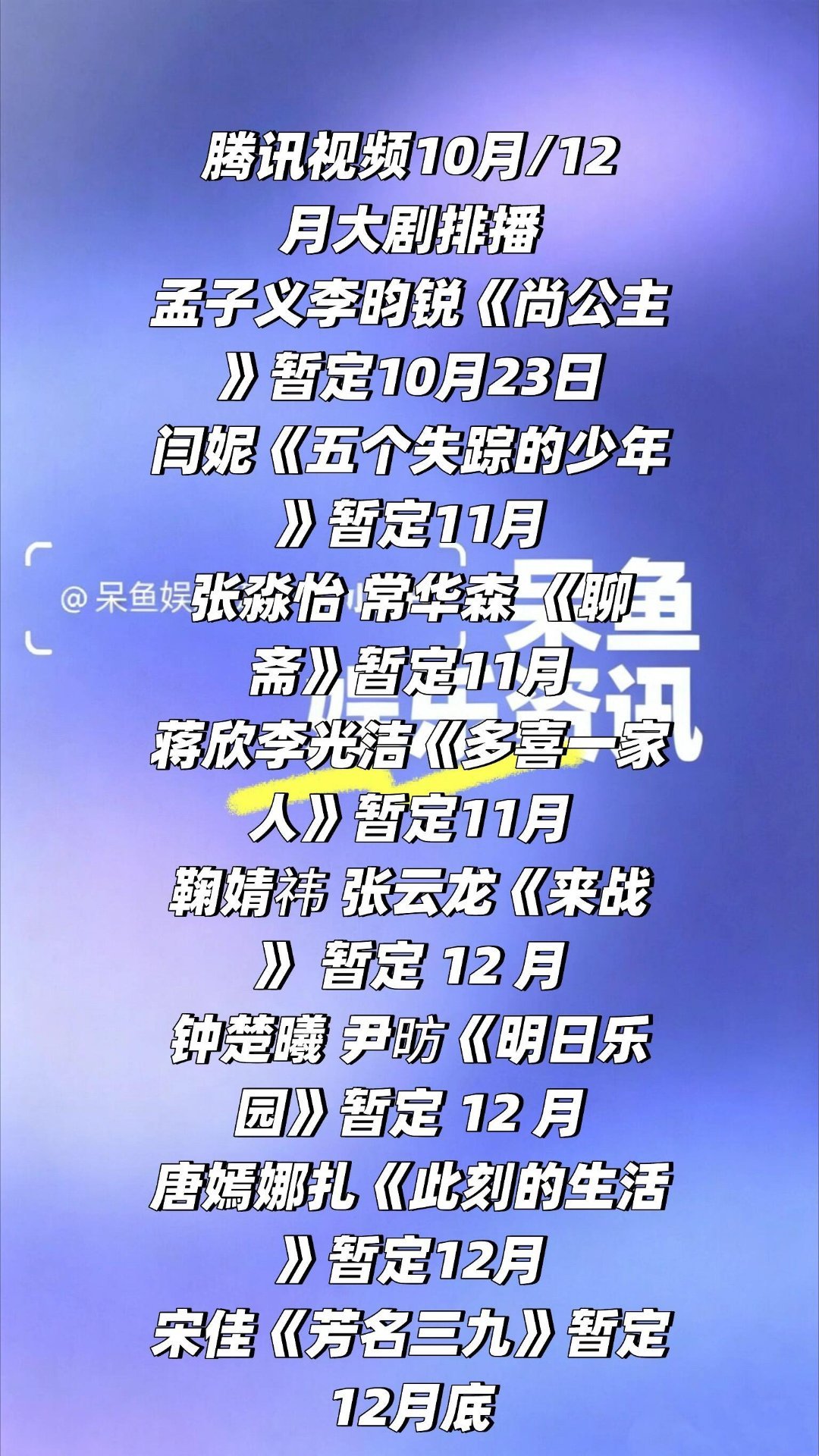 腾讯视频Q4季度部分大剧排播❗️腾讯视频10月11月12月大剧排播🈶孟子义李昀锐《尚公主》暂定10