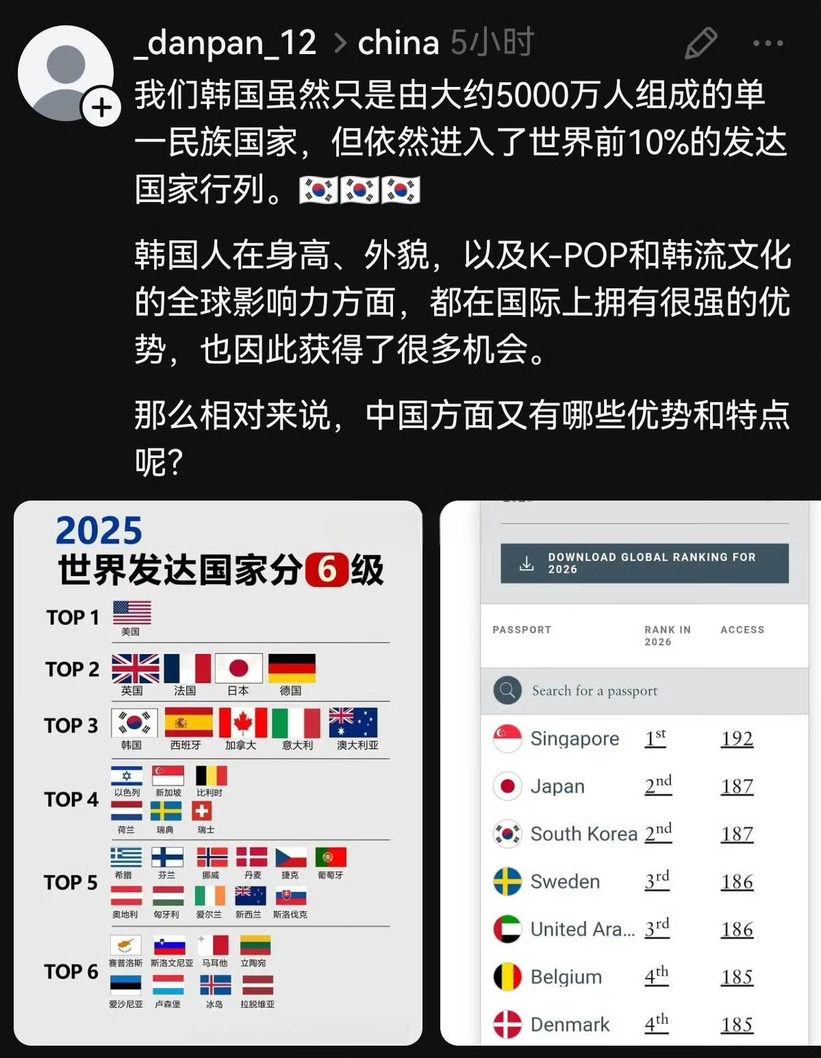 一个韩国人说，他们大约只有5000万人，但是他们依然排进世界前10%的发达国家行