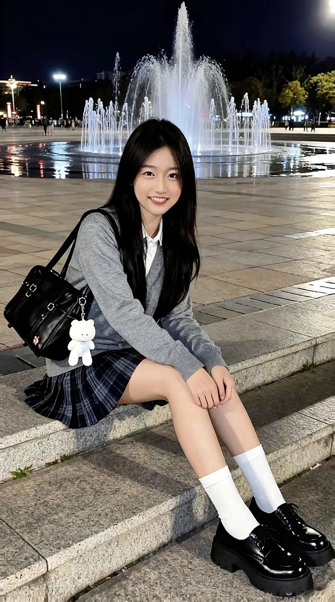 夜晚的喷泉前，甜美少女坐台阶，微笑如花绽放。随手拍好图绝美随手拍手机随手拍分
