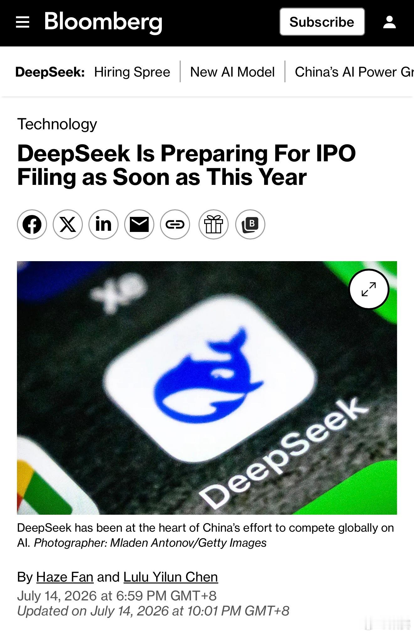 彭博：据悉DeepSeek准备最早今年提交IPO申请，已开始筹划在【中国