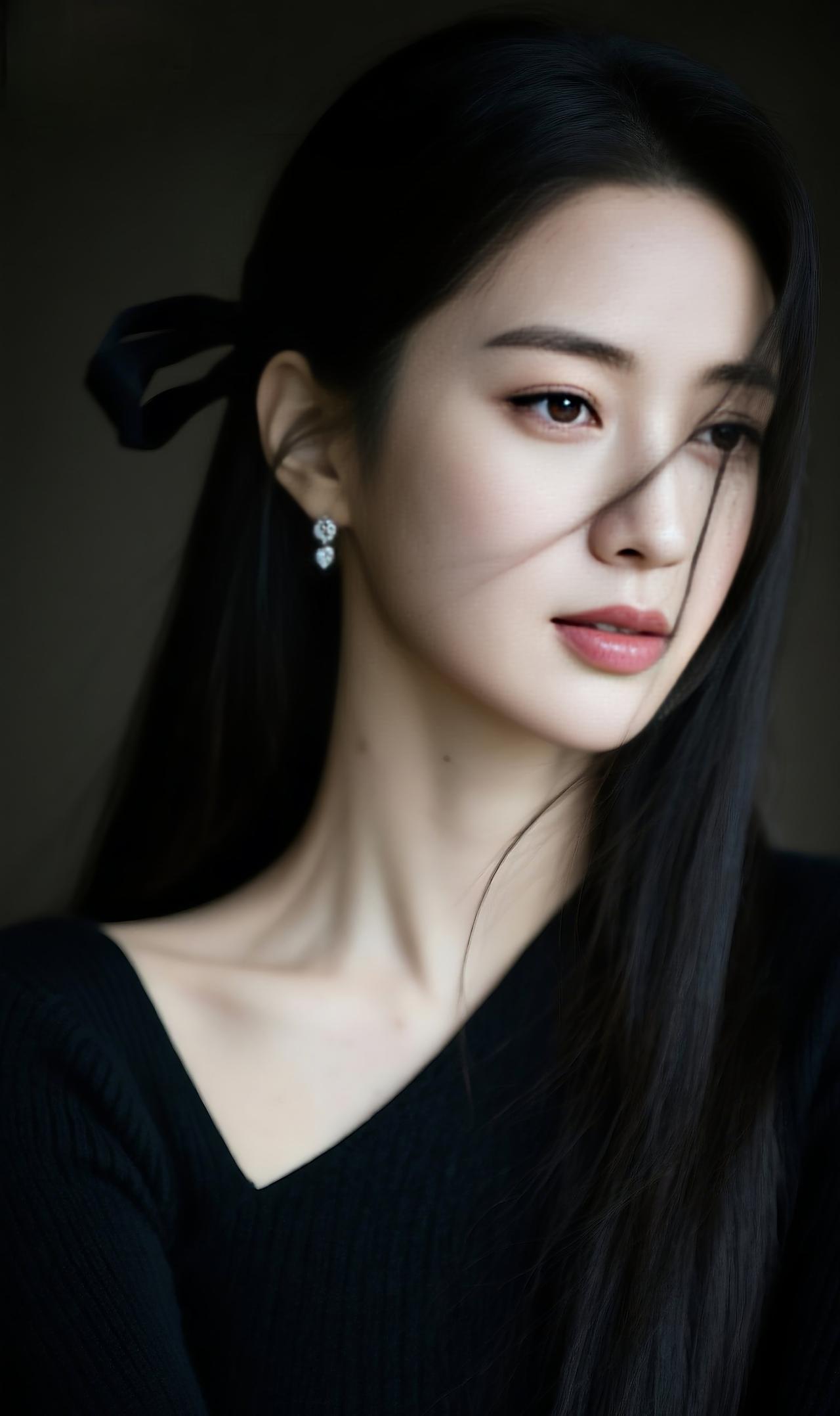 黑衫绾温柔，青丝藏风月，眉眼沉静，自带清冷氛围感，不张扬的气质，在光影里缓缓温柔