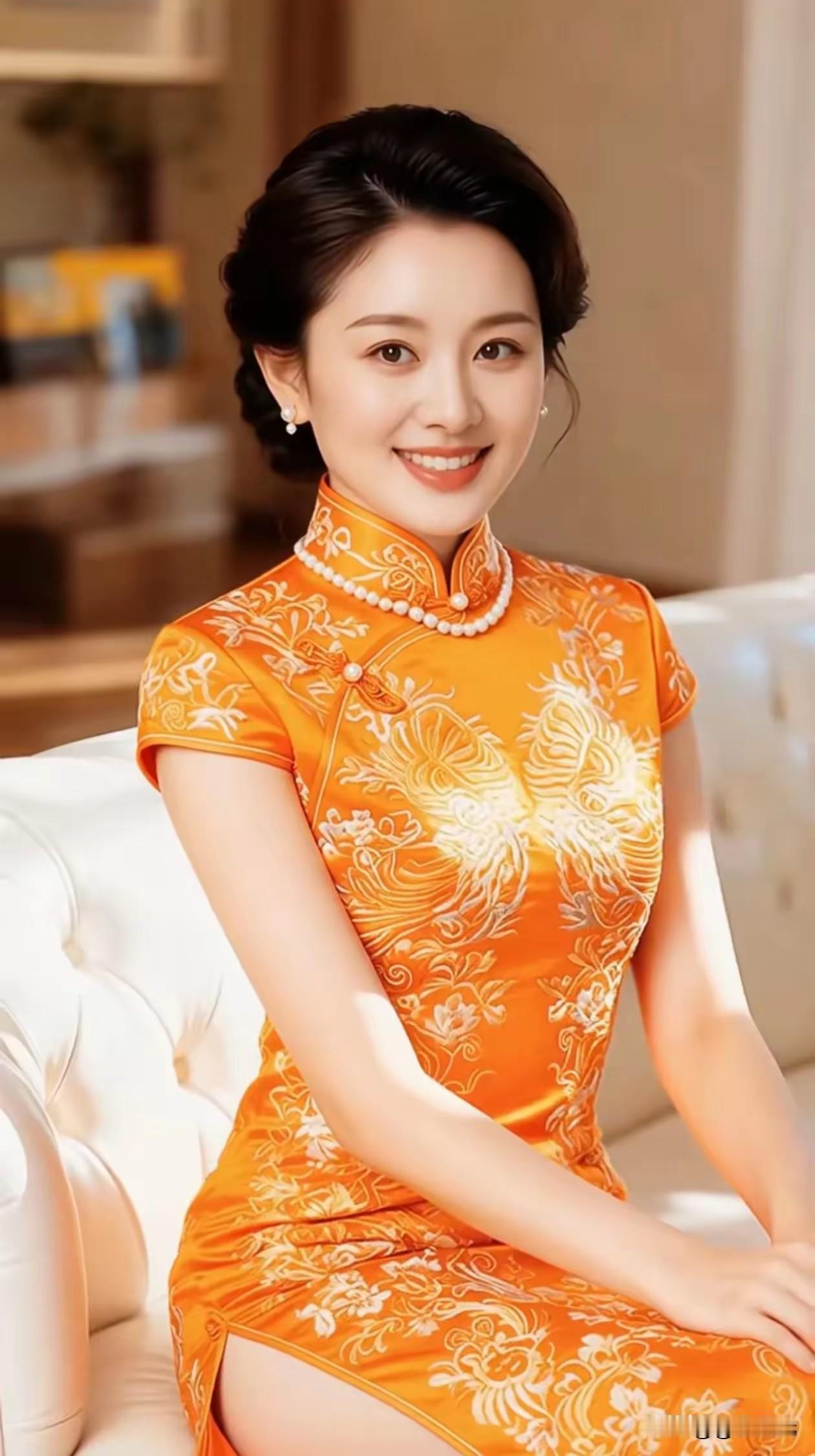 橙色旗袍，缎面琥珀刺绣银月，珍珠项链民国画卷，清雅仕女复古贵气，美到失语