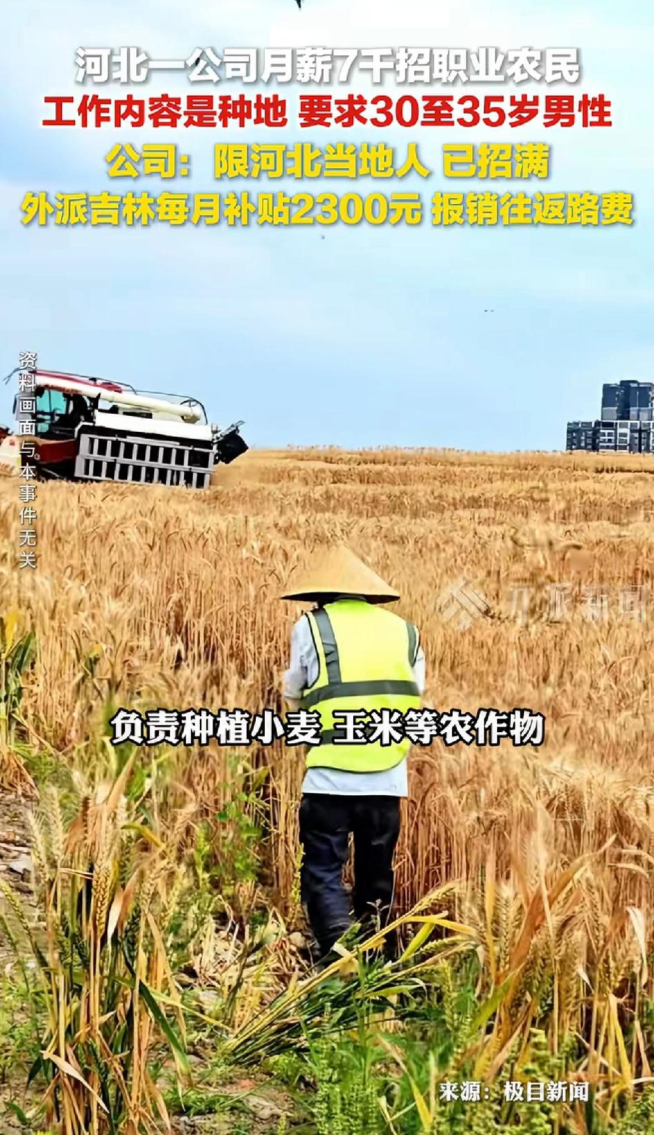 河北一公司月薪7000招聘职业农民，工作内容是种地，要求30-35岁男性。公司