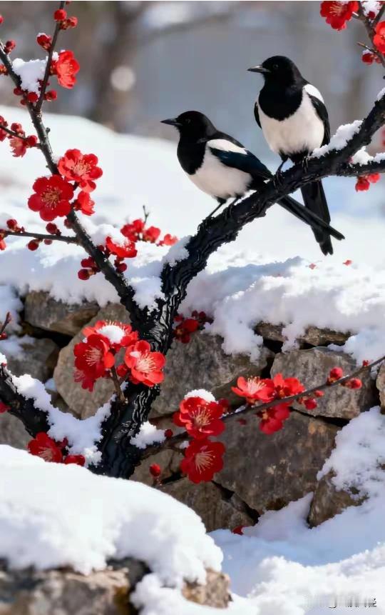 梅花欢喜漫天雪，喜鹊登梅迎春来。