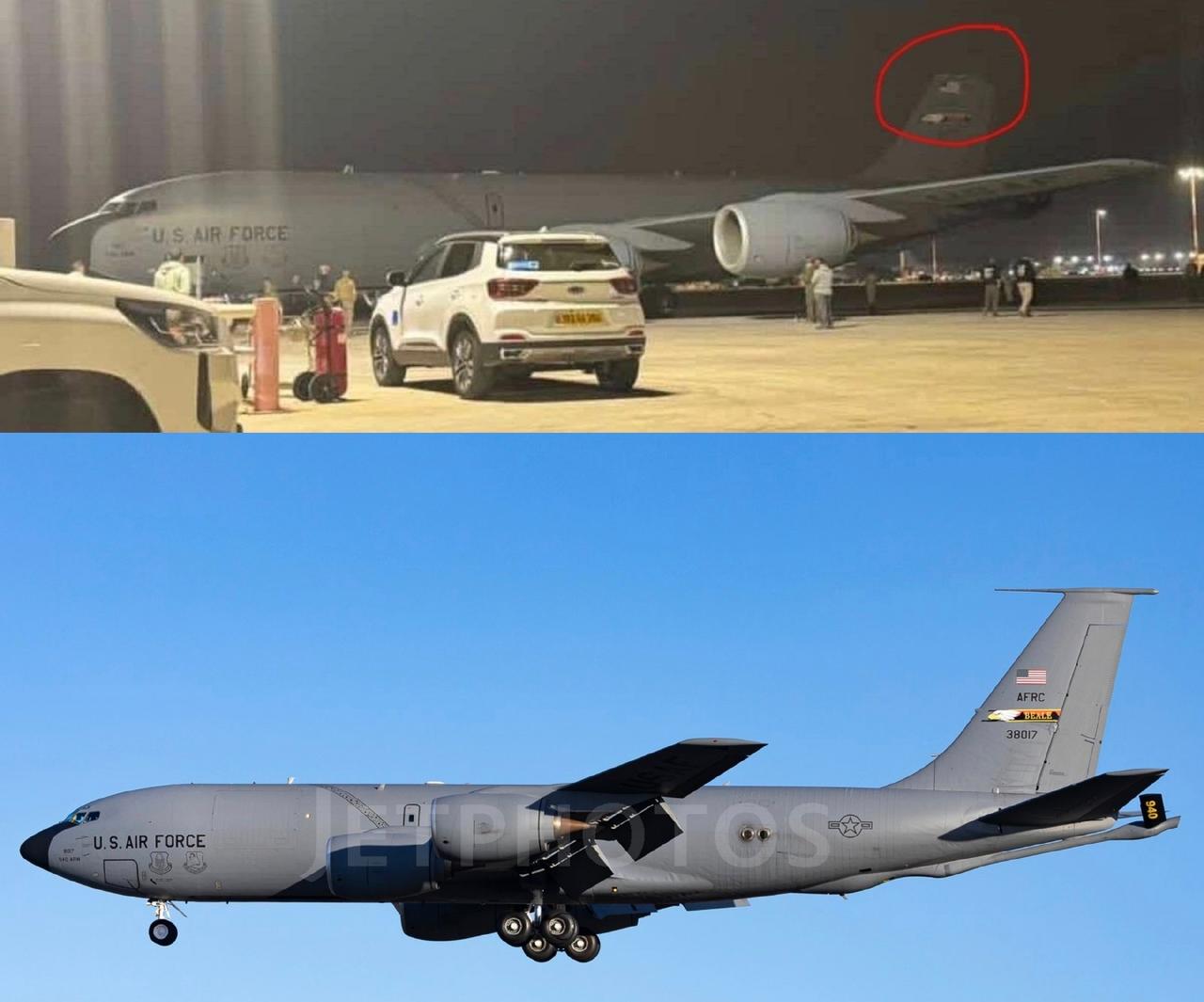 当地时间今天即3月13日凌晨，有一架美国空军的KC-135空中加油机垂尾没了半拉