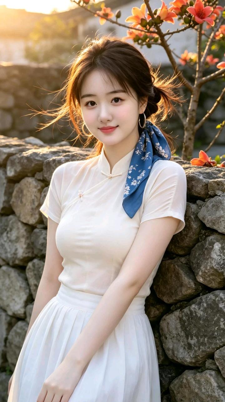 她靠在石墙边，微笑着，好温柔。长得漂亮和活得漂亮那个重要温婉大方的女生气质女