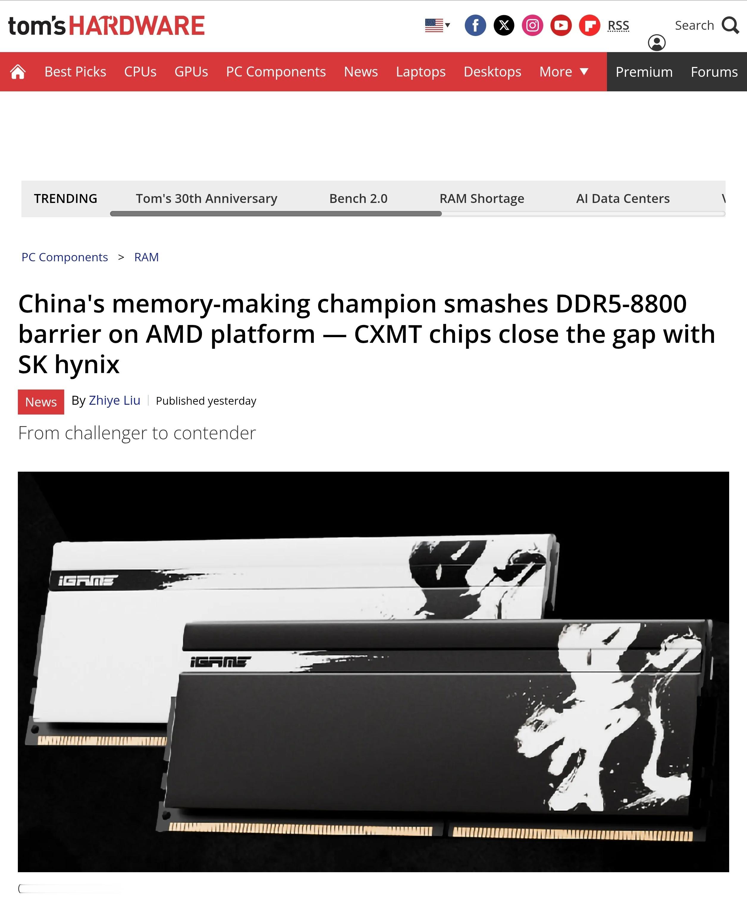 国产DDR5再破天花板。七彩虹官方公布，搭载长鑫存储颗粒的iGameShado