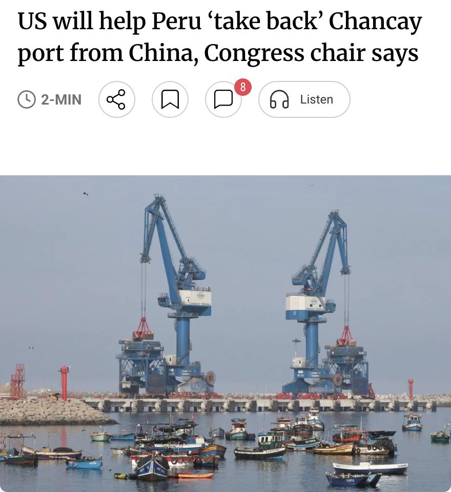 外媒：美国国会一位高级议员呼吁秘鲁新政府收回由中国控制的昌凯港，称这一深水港口对