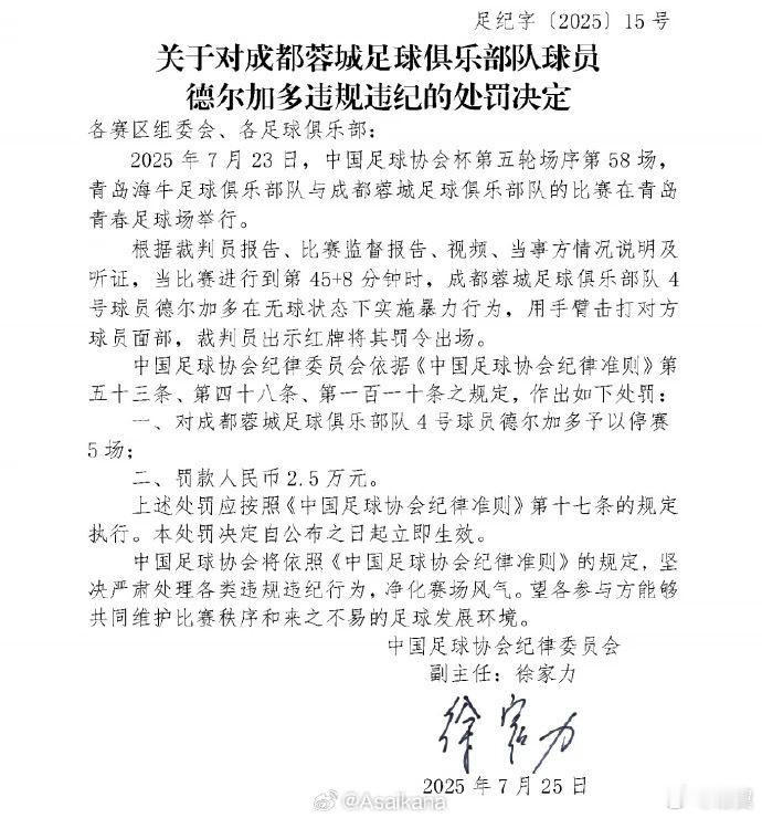 随着成都蓉城在本赛季足协杯赛事中被淘汰，球队中归化球员德尔加多的纪律停赛也将在本