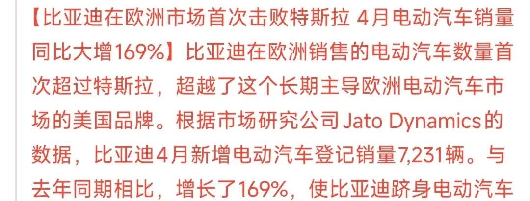 比亚迪击败特斯拉，成欧洲新宠4月比亚迪销量在欧洲首次超过了特斯拉，成为十大电