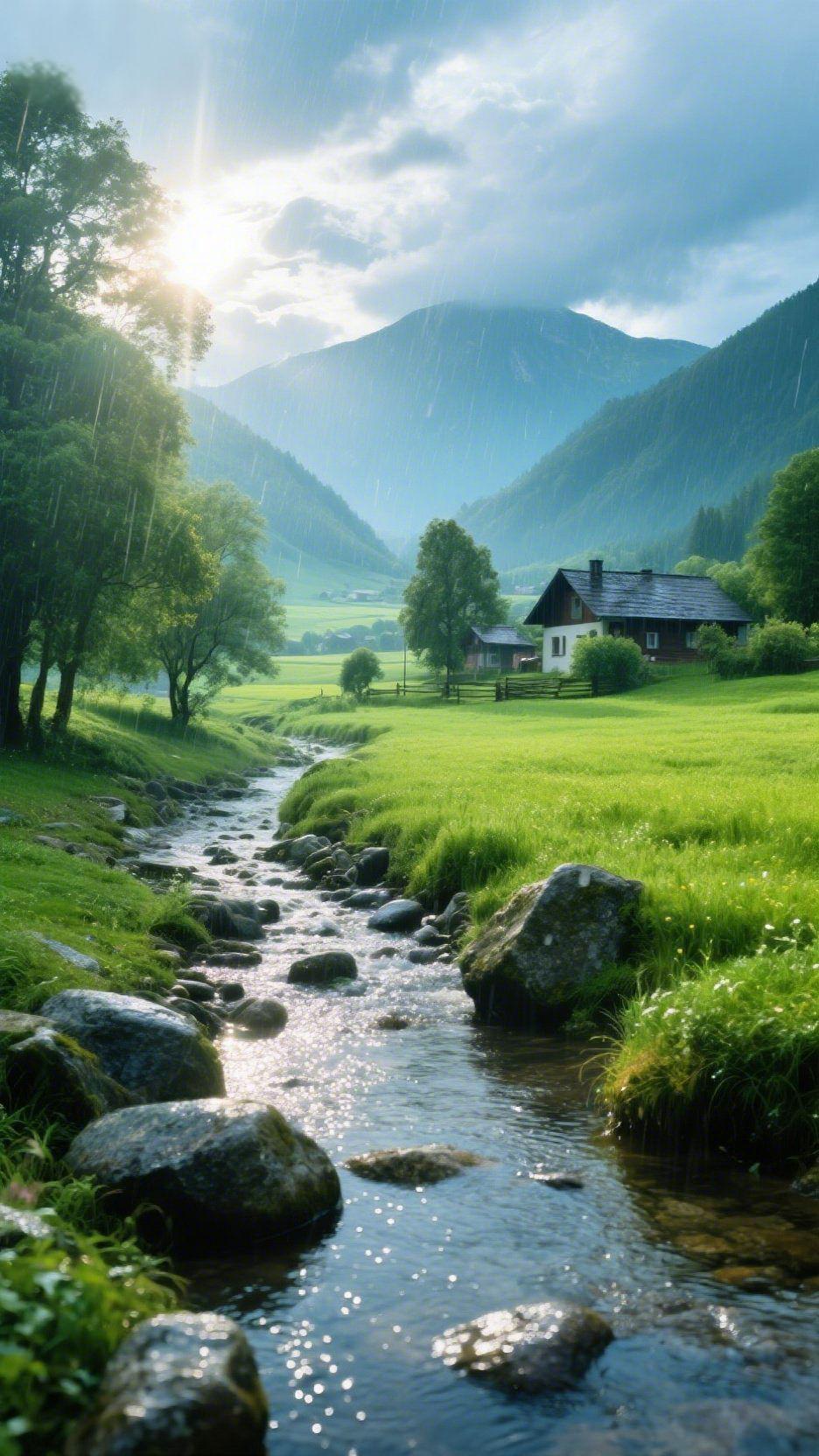 山雨初霁的山谷雨丝还斜斜地织着，阳光却先一步刺破云层，给细密的雨帘镀上了一