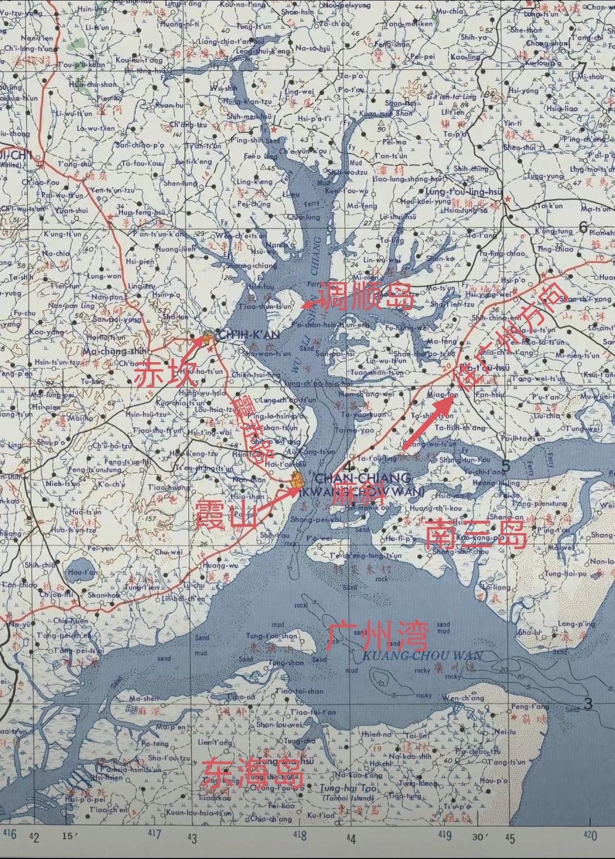 50年代初，美军测绘的深水良港广州湾（广东湛江）。那时候黎湛铁路还没有建设，赤坎