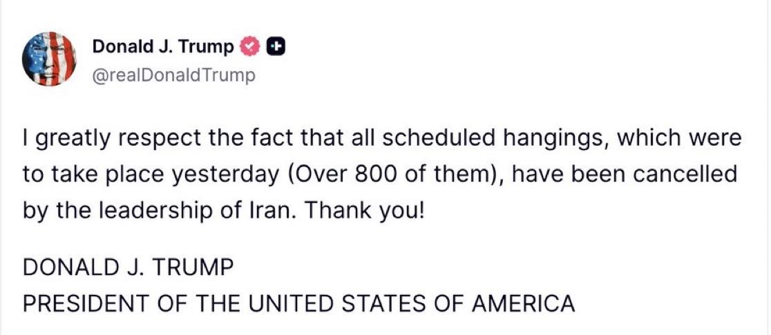 突发，特朗普谈伊朗：我非常尊重伊朗领导层取消原定于昨天执行的所有绞刑的决定。