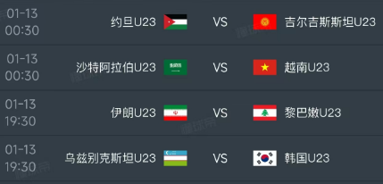 北京时间1月13日，U23亚洲杯小组赛进入第三轮的较量，明天有两个时间段4场比赛